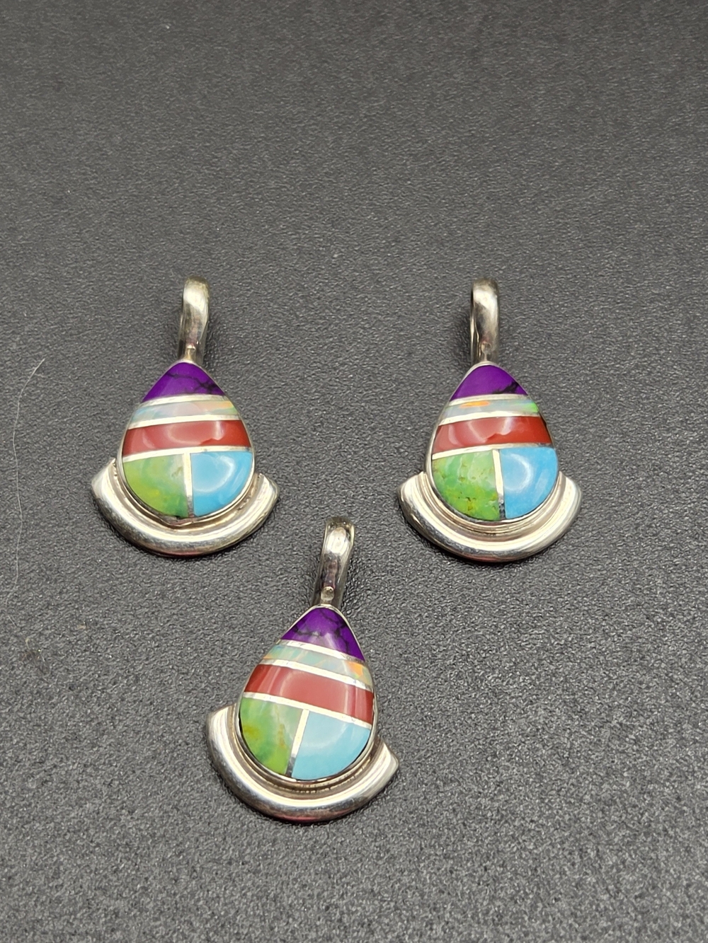 Multi-Color Teardrop Inlay Necklace Pendant - Silver Tone